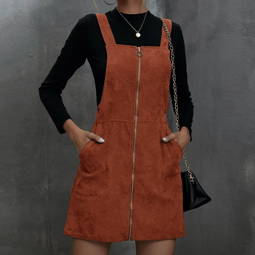 Rust Brown Casual Womens Corduroy O-Ring Zipper Mini Overall Dress - Picture 5 of 5